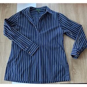 Lauren Ralph Lauren Women's Striped Collar VNeck Blouse Size M 100% Cotton Blue